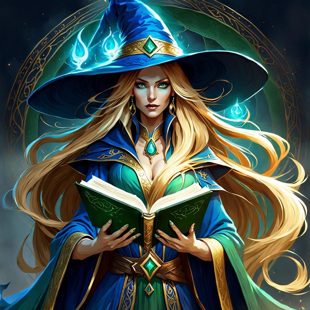 Beautiful Sorceress with Spellbook in Fantasy Style