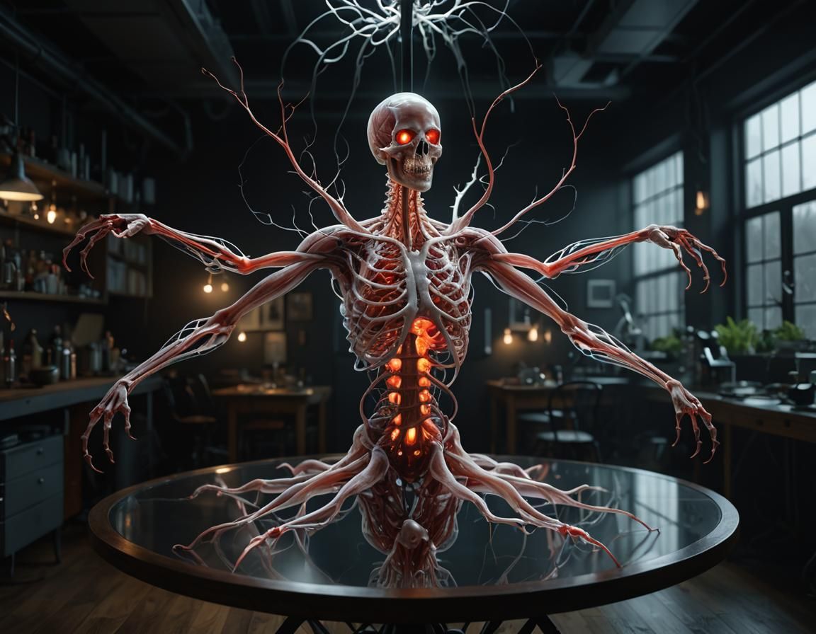 Luminous Multi-Armed Creature in Dark Lab, Surreal Art
