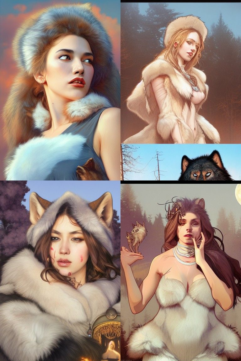 Werewolf Princess Portrait with Moon, Digital Art