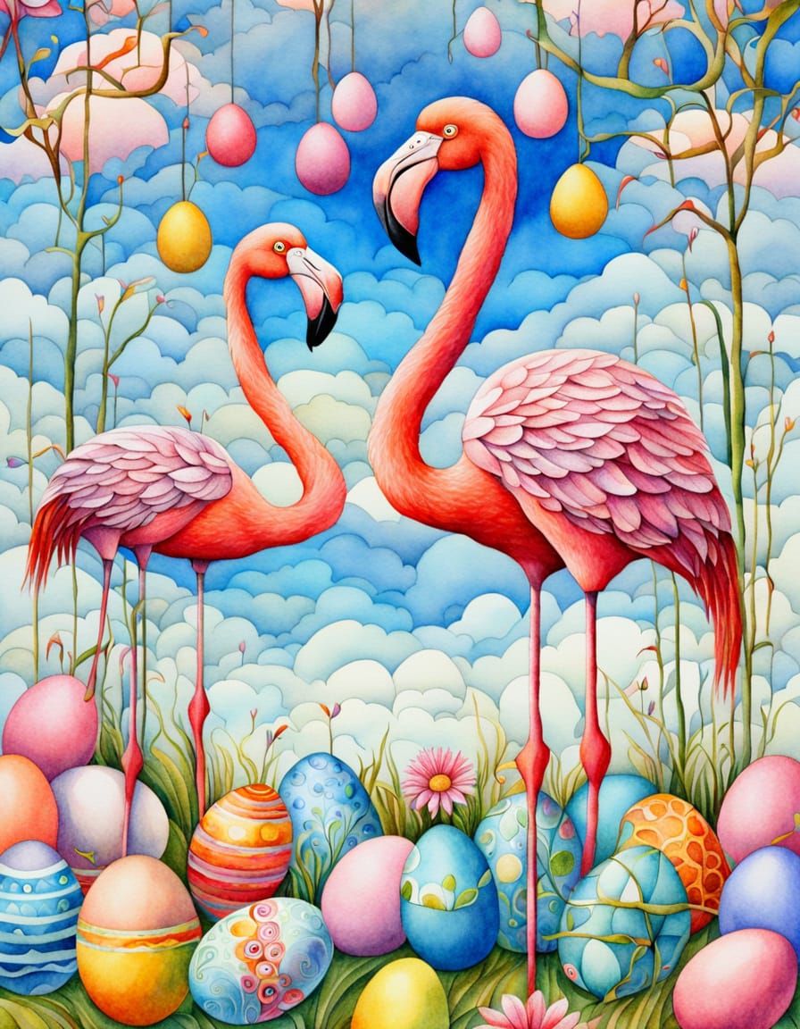 Cubist Easter Scene with Pink Flamingo