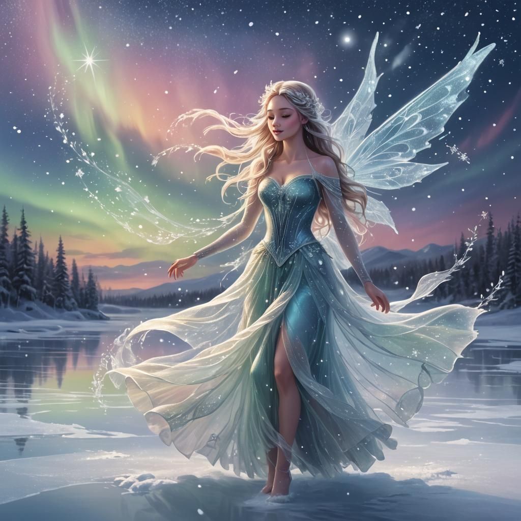Ethereal Ice Fairy Dancing on Frozen Lake