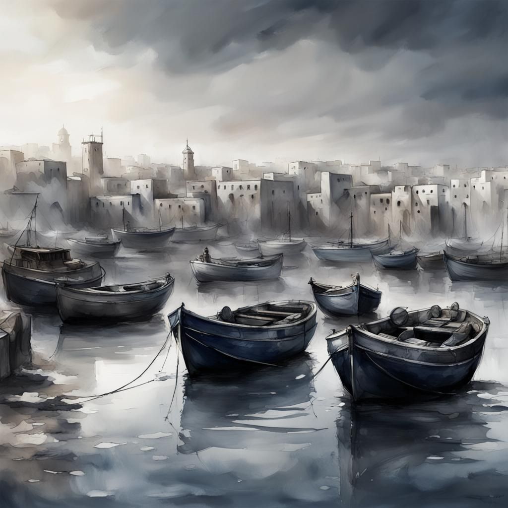 Abstract Monochrome Watercolor Boats in Port