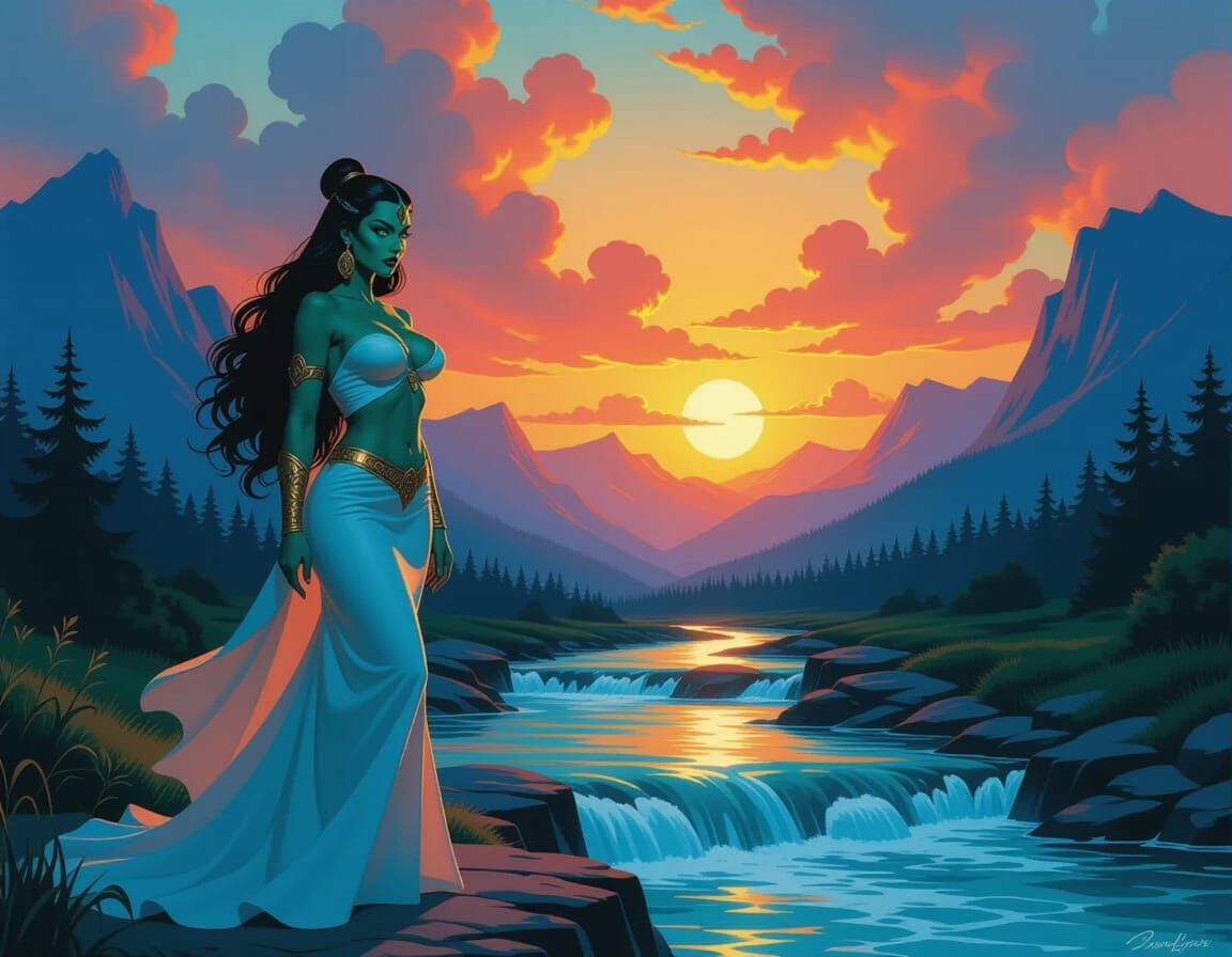 Titan Woman by Mountain River at Fiery Sunset