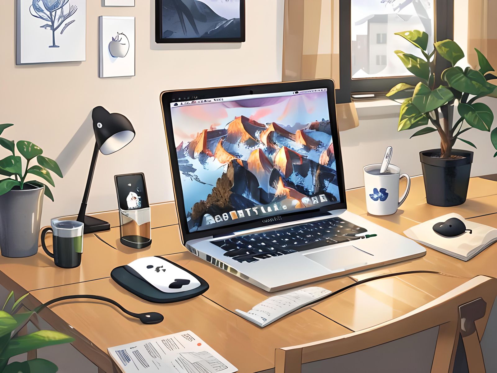 Apple MacBook and Mouse on Table