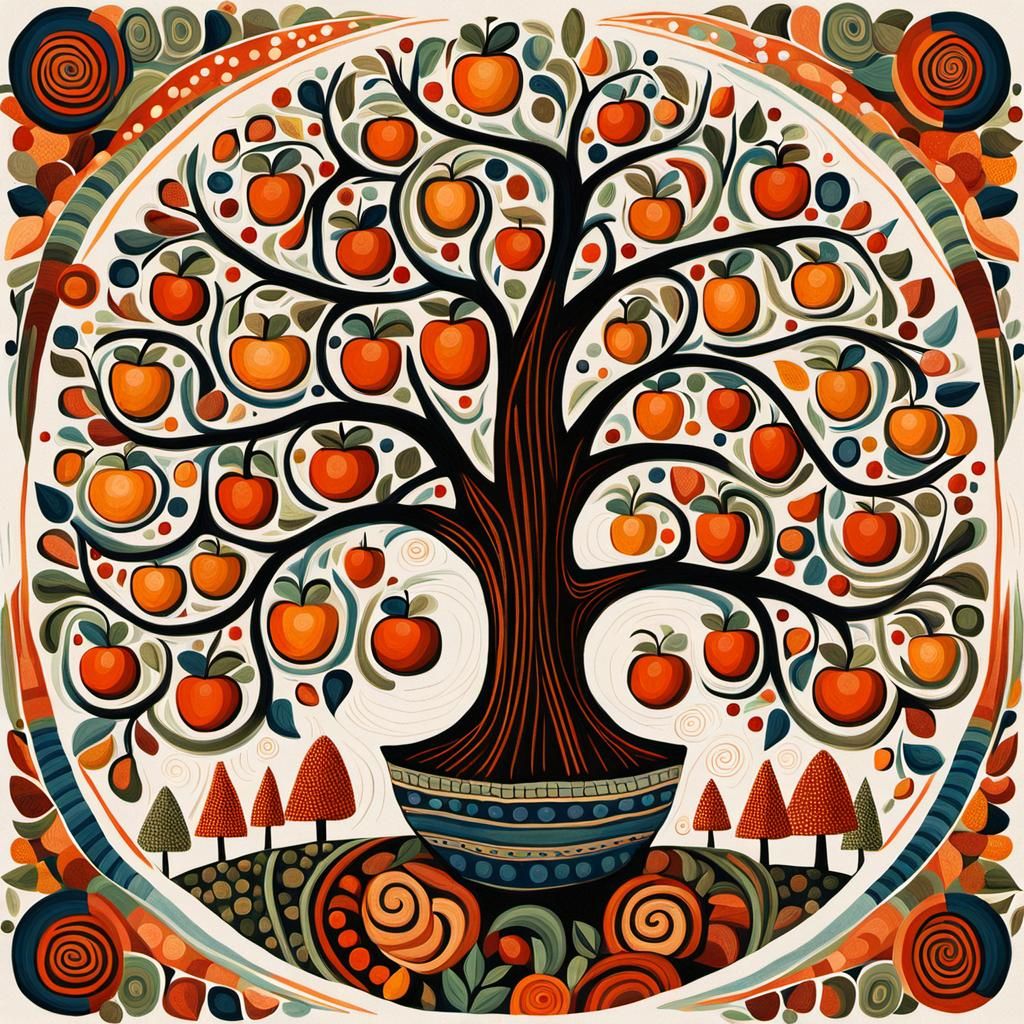 Folk Art Tree with Orange Fruit, Detailed Matte Painting