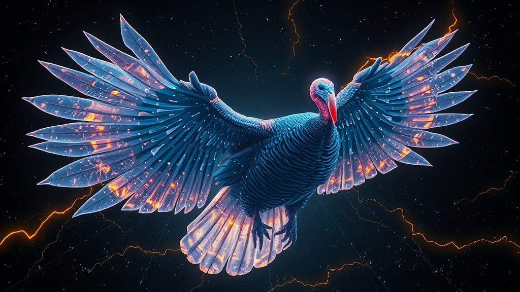Bioluminescent Crystal Turkey Soars Through Cosmic Watercolo...