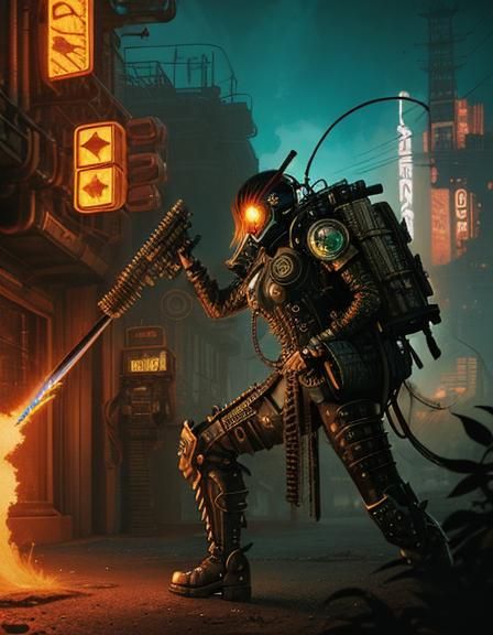 Fighter in Combat Stance, Raypunk Biopunk Style