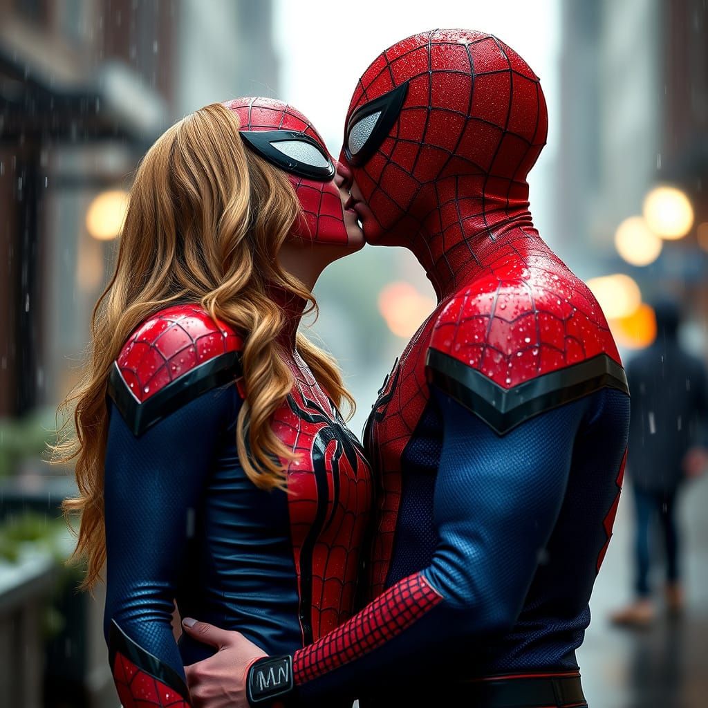 Romantic Spider-Man Cosplay in Rainy Cityscape
