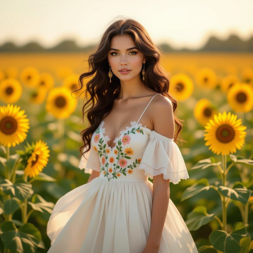 Woman in Sunflower Field, Impressionistic Oil Painting
