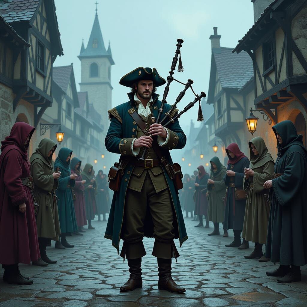 Foreboding Piper Surrounded by Desperate Townspeople