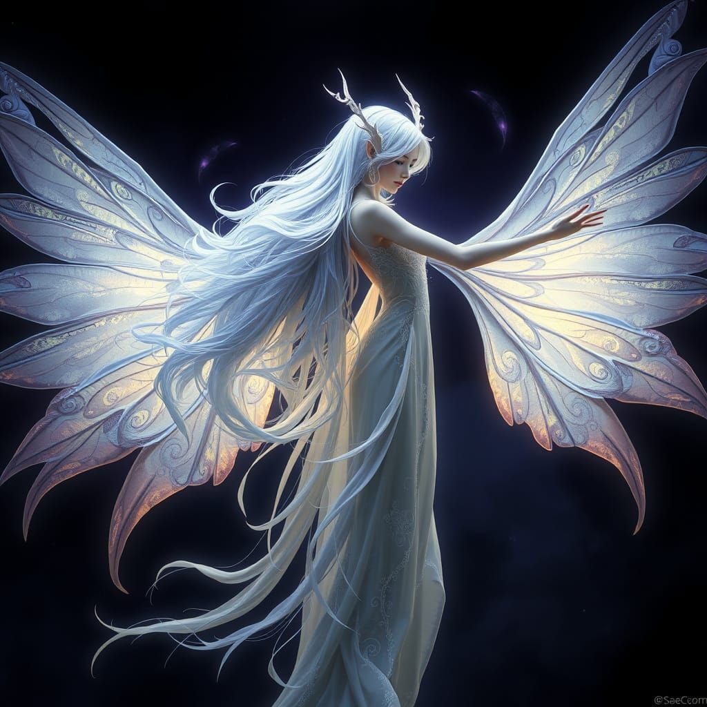 Ethereal White Fairy in Dark Fantasy Landscape