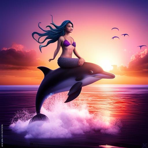 Mermaid on Dolphin in Sunset, 3D Splash Art
