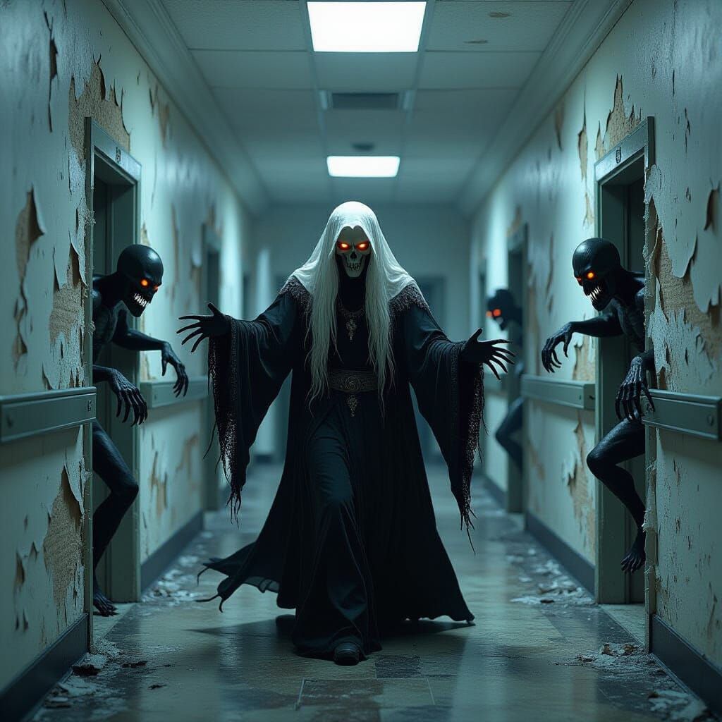 Grim Reaper's Psychedelic Dance in Haunted Asylum Hallway
