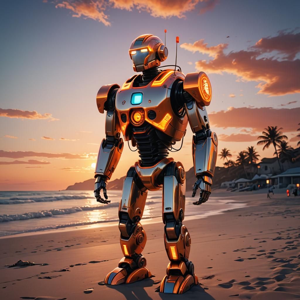 Robot Lifeguard on Beach at Sunset: Neon Digital Art