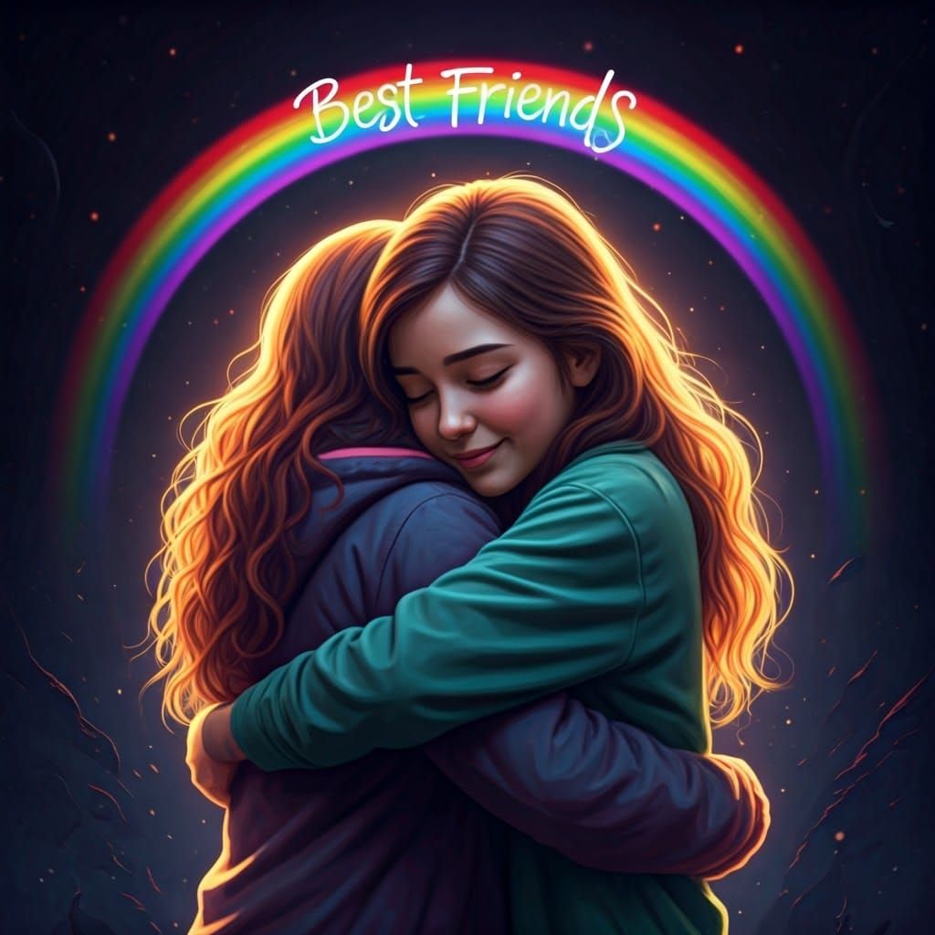 Girls Hugging Under Rainbow, Fantasy Concept Art