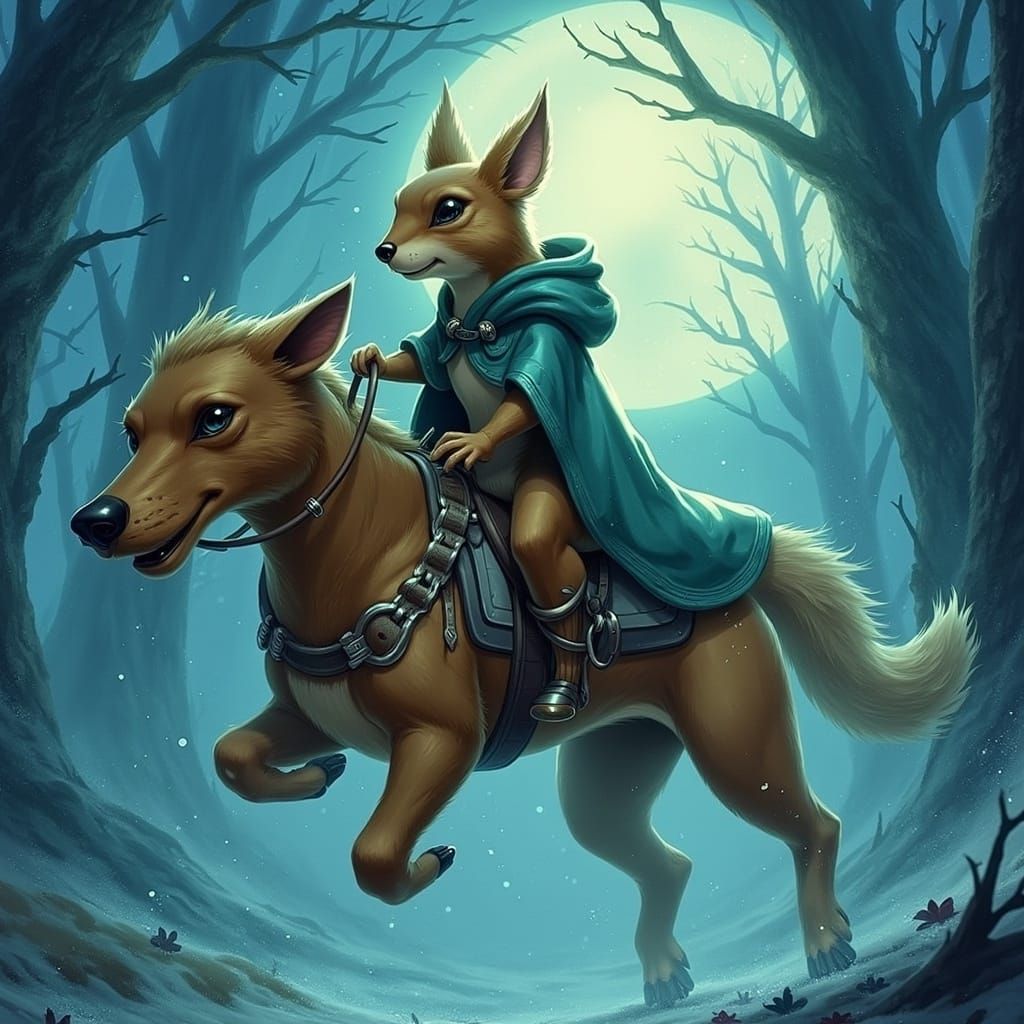 Squirrel Knight Rides Dachshund in Misty Ghibli Forest