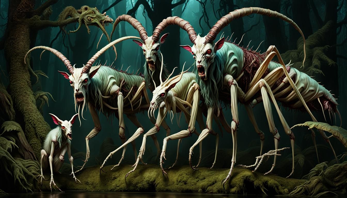 Contorted Tattooed Mantis Krampus Family in Cryptid Taxiderm...