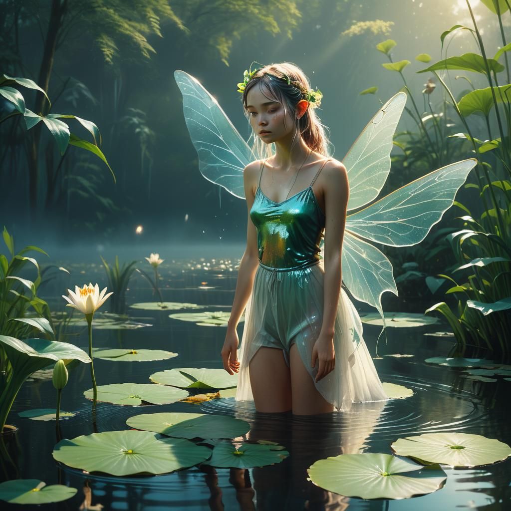 Hyper-Realistic Water Fairy in a Misty, Golden-Lit Landscape
