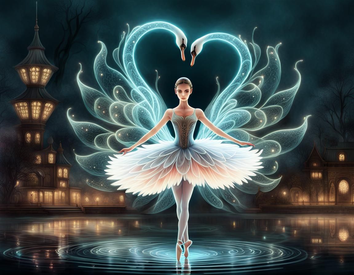 Bioluminescent Fractal Swan Lake Ballerina in Steampunk Styl...