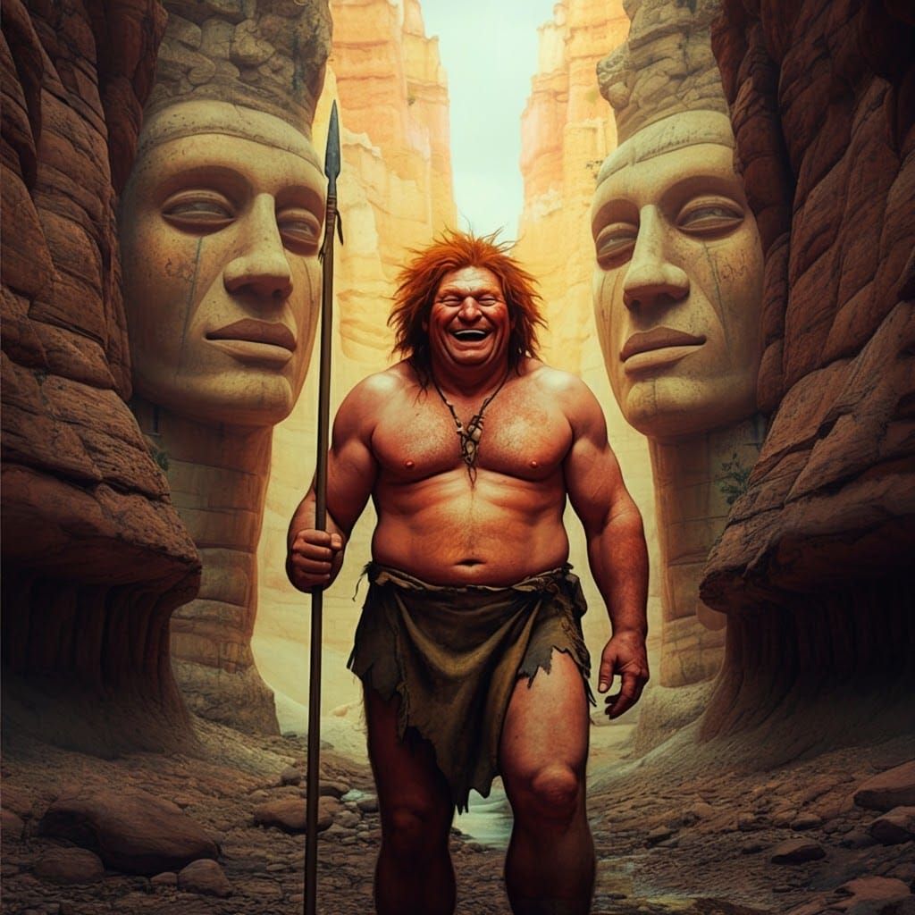 Joyful Redhead Giant in Rugged Canyon, Oil Painting