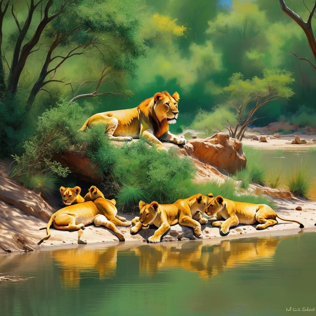 Lion Family at Water's Edge in Impressionist Style