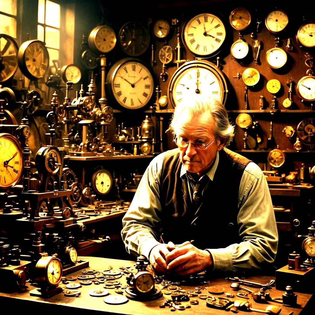 The Old Clock and Watch Maker in Workshop