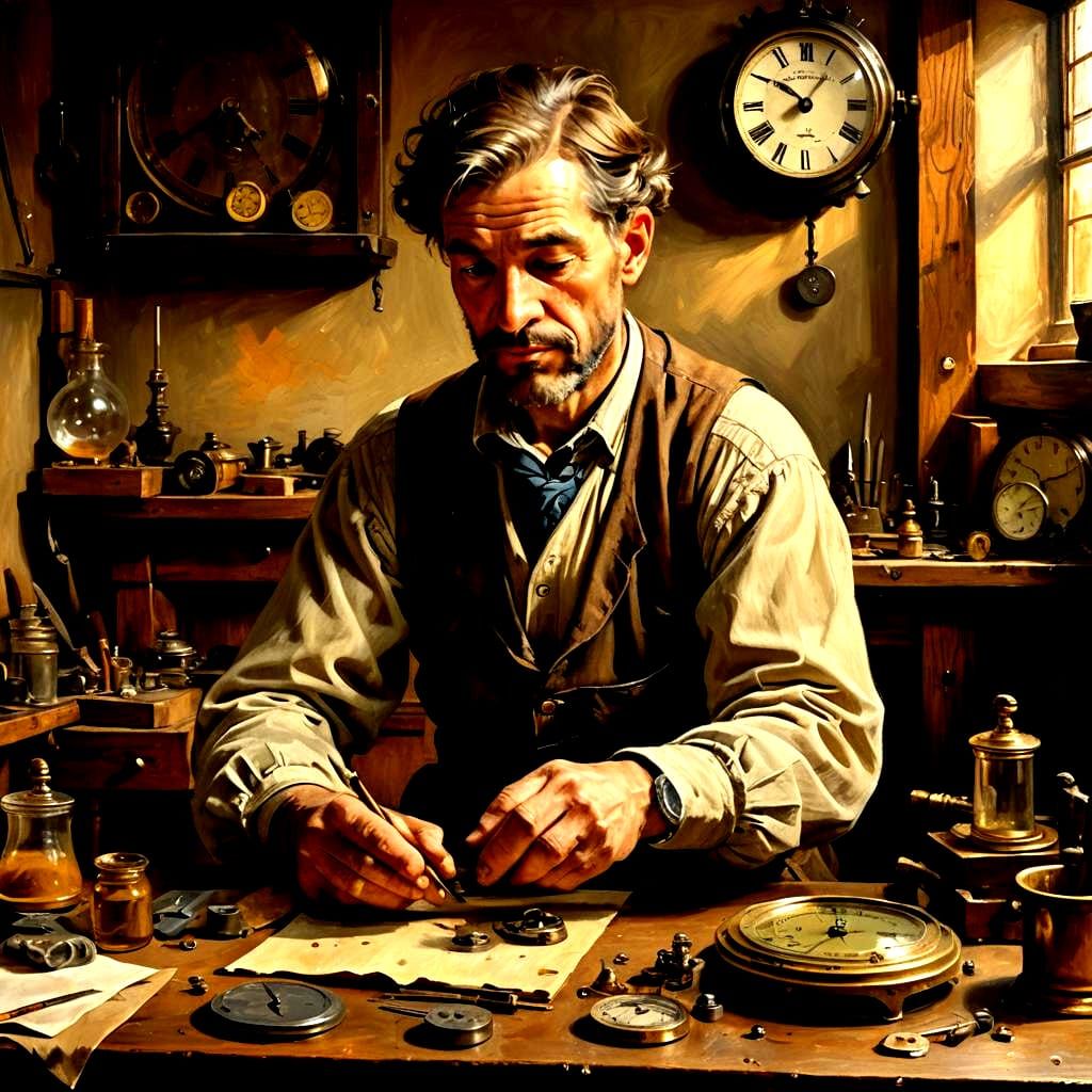 Old Clock and Watch Maker in Workshop