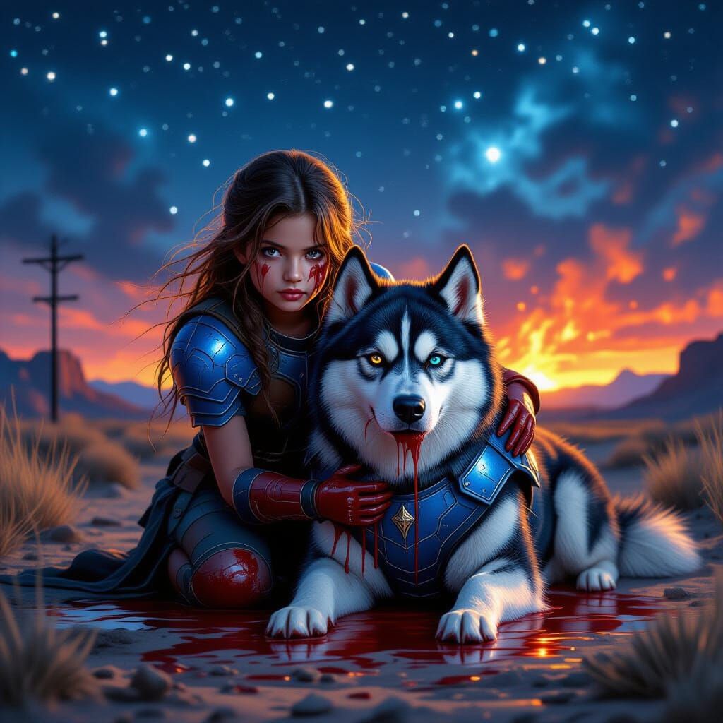 Girl and Armored Dog in Wasteland Action Scene