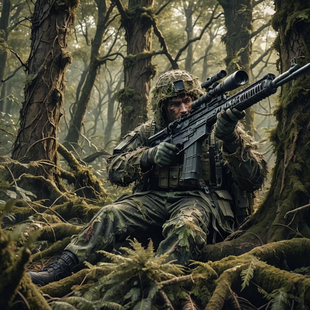 Camouflaged Sniper in Ghillie Suit, Detailed Matte Painting