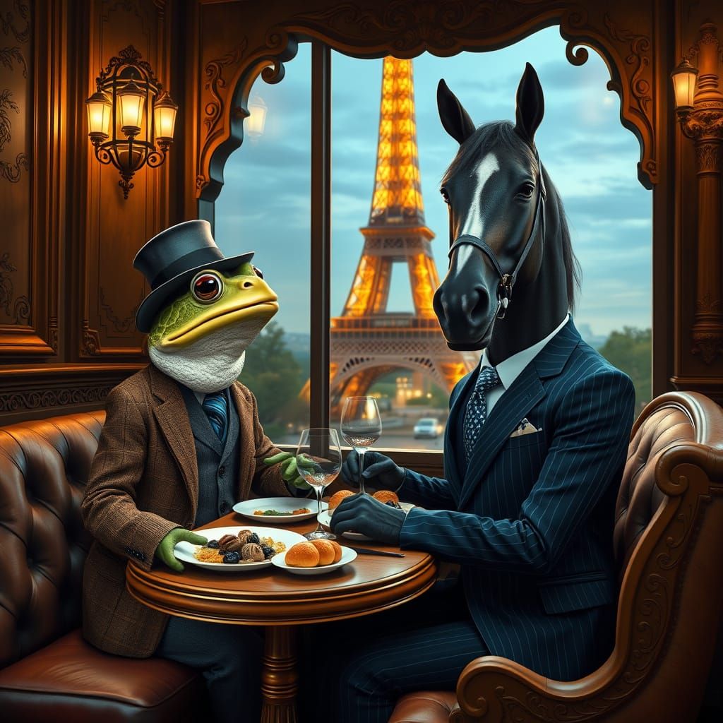 Gentlemen Toad and Horse Dine in Parisian Splendor