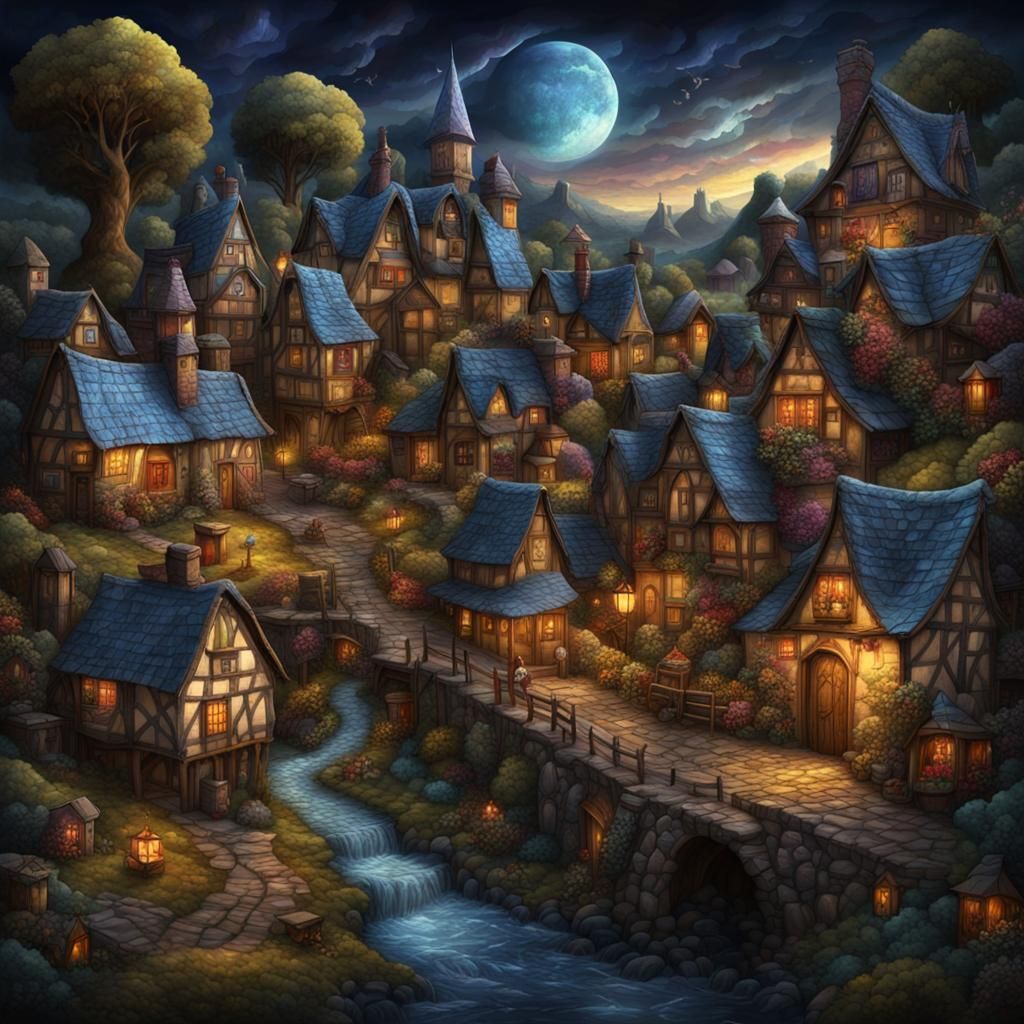 Quaint Village Landscape Quilt: Dark Fantasy Concept Art