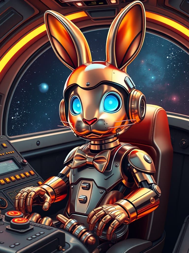 Cyberpunk Easter Bunny in Retro-Futuristic Spacecraft
