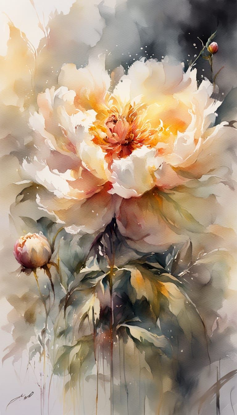Peony in Mist: Watercolour Close-Up with Golden Light