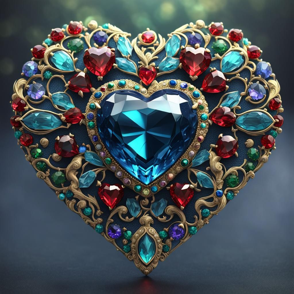 Gems Adorn Intricate Heart Brooch in Detailed Matte Style