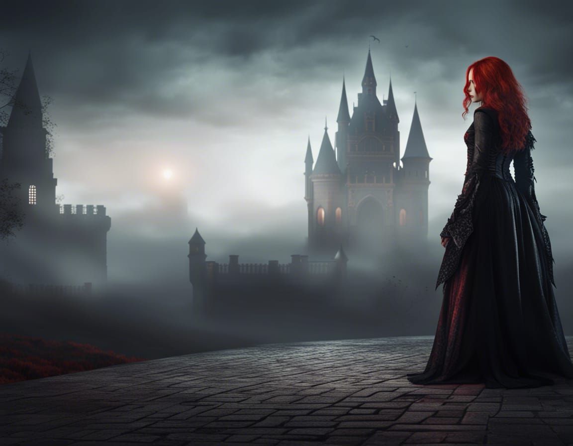 Redhead Vampire at Gothic Castle in Hyperrealism