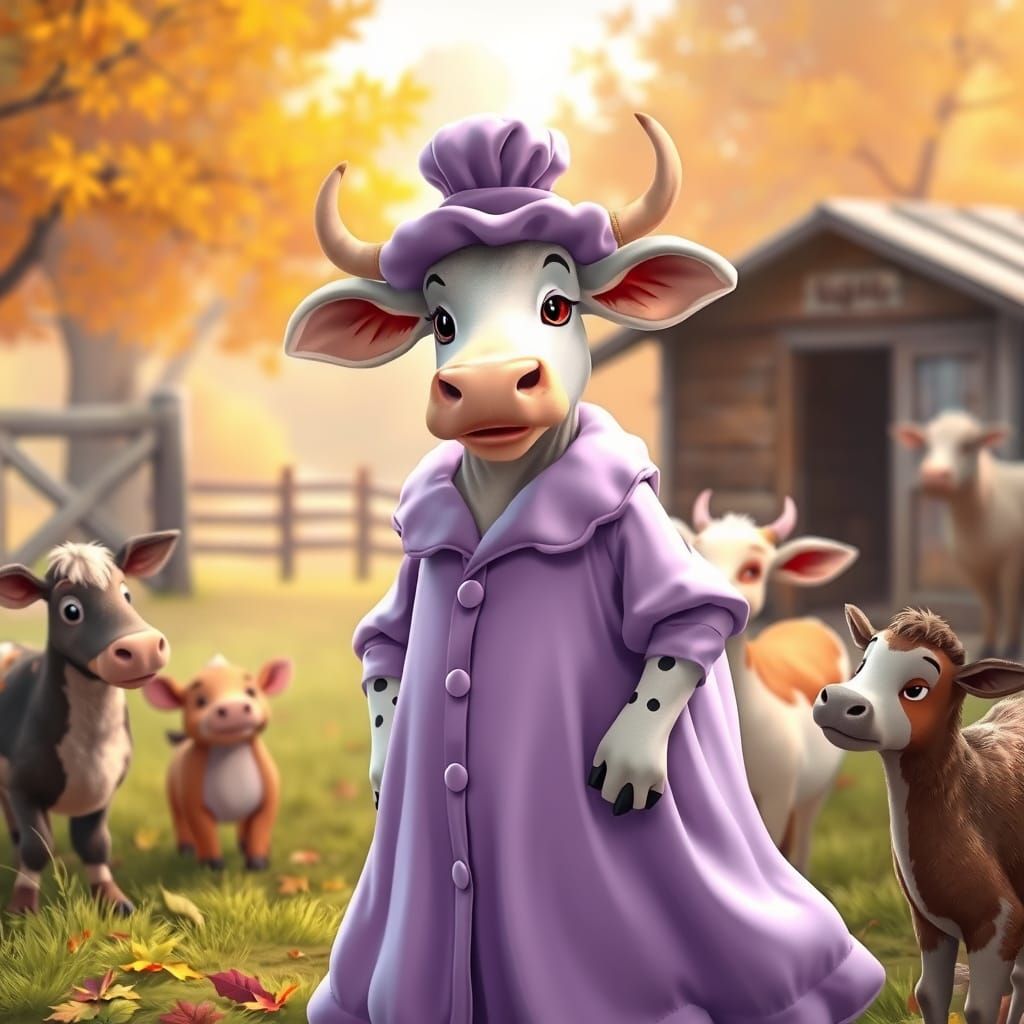 Anthropomorphic Cow in Haute Couture on Autumn Farm