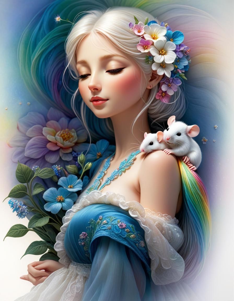 Mouse and Teddy Bear Nap in Embroidered Watercolor Style