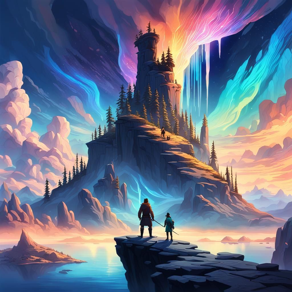 Mystical Cliffside Vista with Floating Islands and Aurora