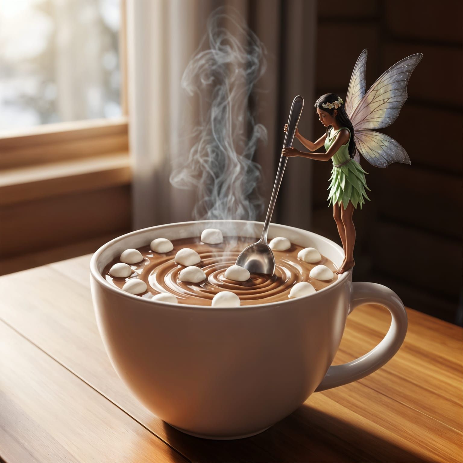 Enchanted Cocoa Fairy in Cozy Cabin Scene