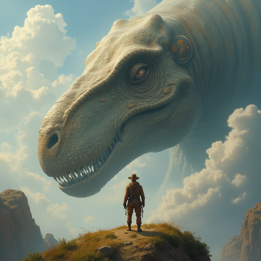 A lone steampunk explorer stands on a floating island amidst a swirling vortex of clouds, gazing at a colossal, slumberi...