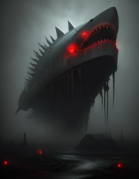 Gothic Surrealism: Shark Police Car Hybrid in Industrial Set...