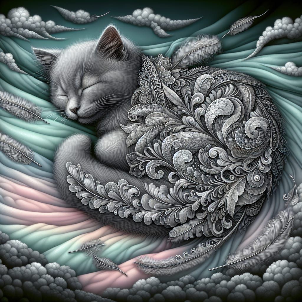 Grey Kitten Asleep in Feathered Shawl