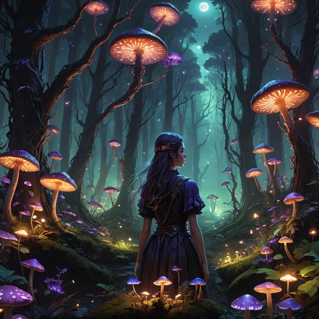 Mystical Dark Forest Scene with Lonely Girl