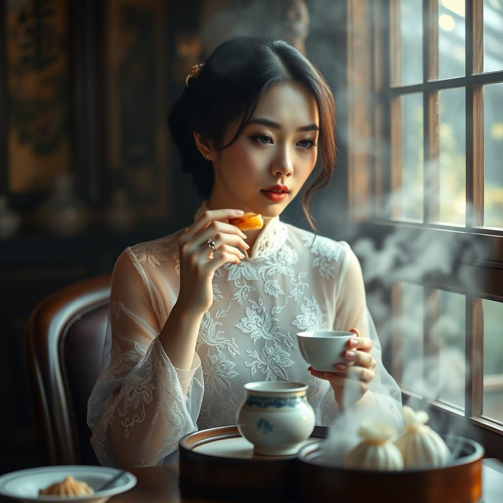 Elegant Chinese Woman in Lacy Attire Enjoying a Breakfast Fe...
