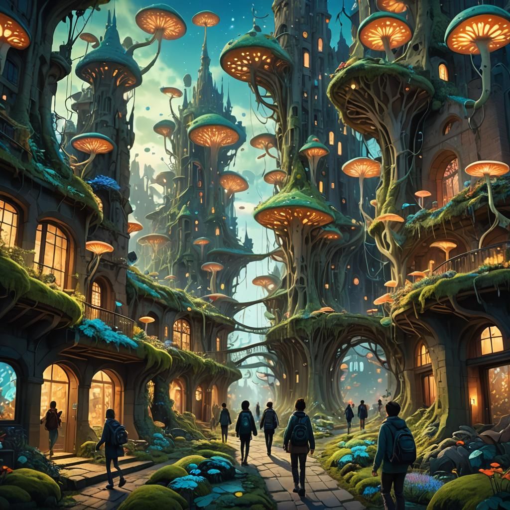 Bioluminescent City Concept Art in Miyazaki Style