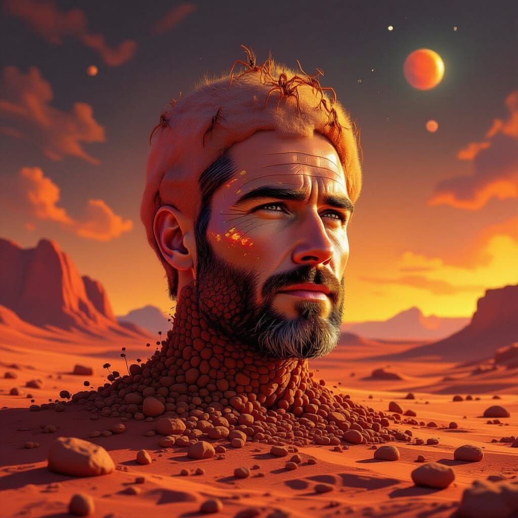 Man Becomes Anthill on Mars in Hyperrealistic Style