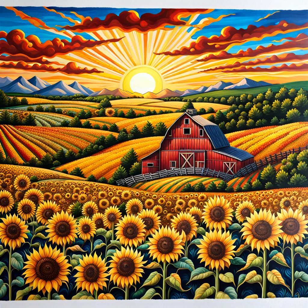 Epic Sunflower Fields at Sunset: Hyperrealistic Digital Art