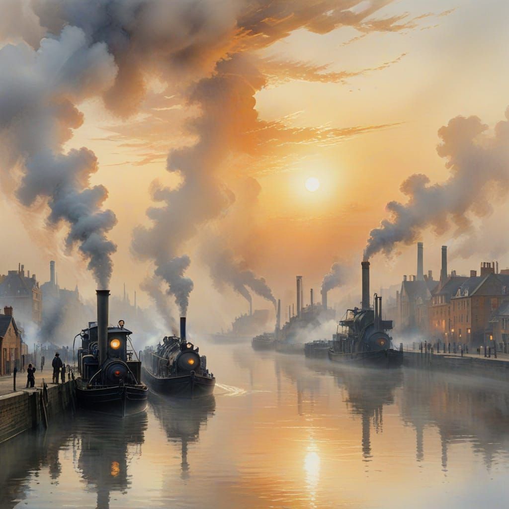 Misty Dawn: Steam Engines on the River Thames