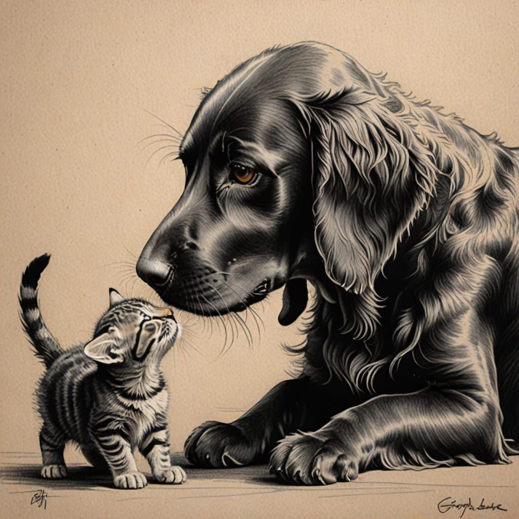 Ginger Setter Sniffs Aggressive Kitten in Hyperdetailed Char...