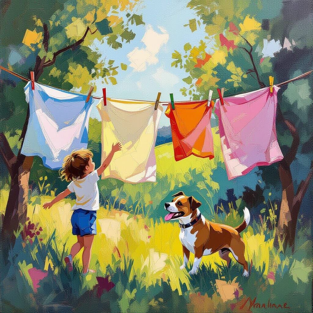 Person and Dog Play Among Laundry in Abstract Style